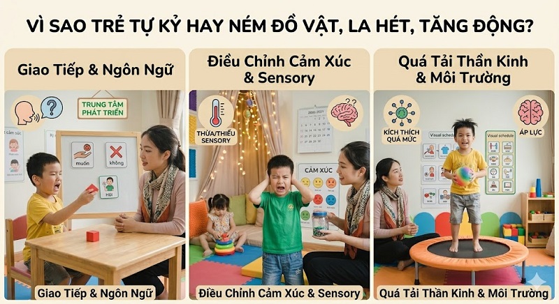 Trẻ tự kỷ thường có các hành vi về giao tiếp, tăng động, dễ bị kích thích